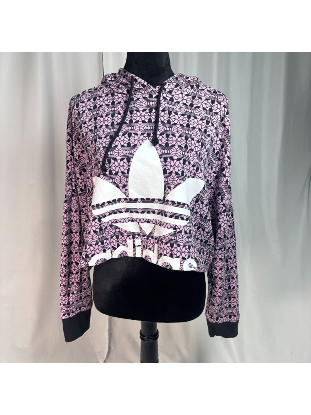 Adidas Purple Black Geometric Pattern Oversized Cropped Hoodie Pullover Small - Picture 1 of 14